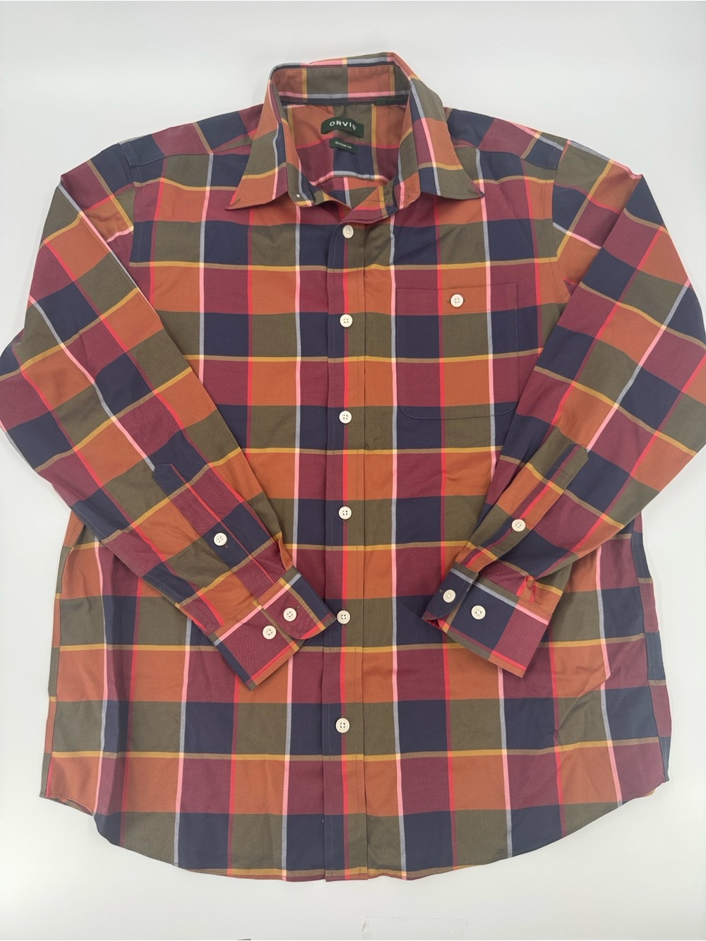Orvis Classif Fit Orange and Navy Plaid Button-Up Shirt Size L
